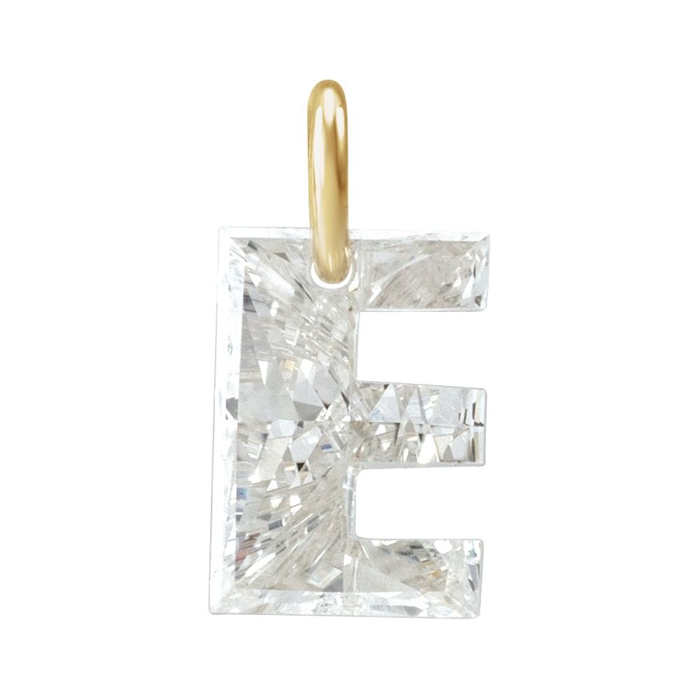 Diamond letter 'E' pendant with gold O-Ring on a white background
