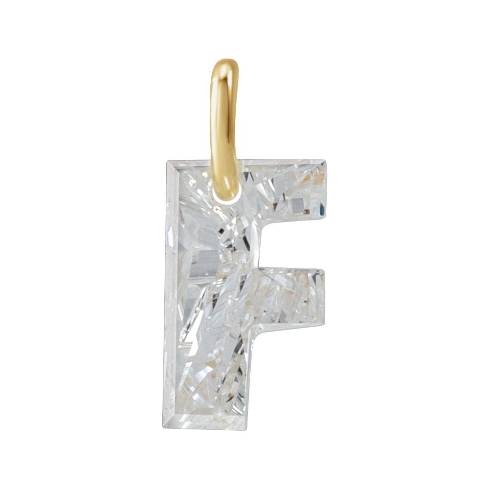 Diamond letter 'F' pendant with gold bail on a white background