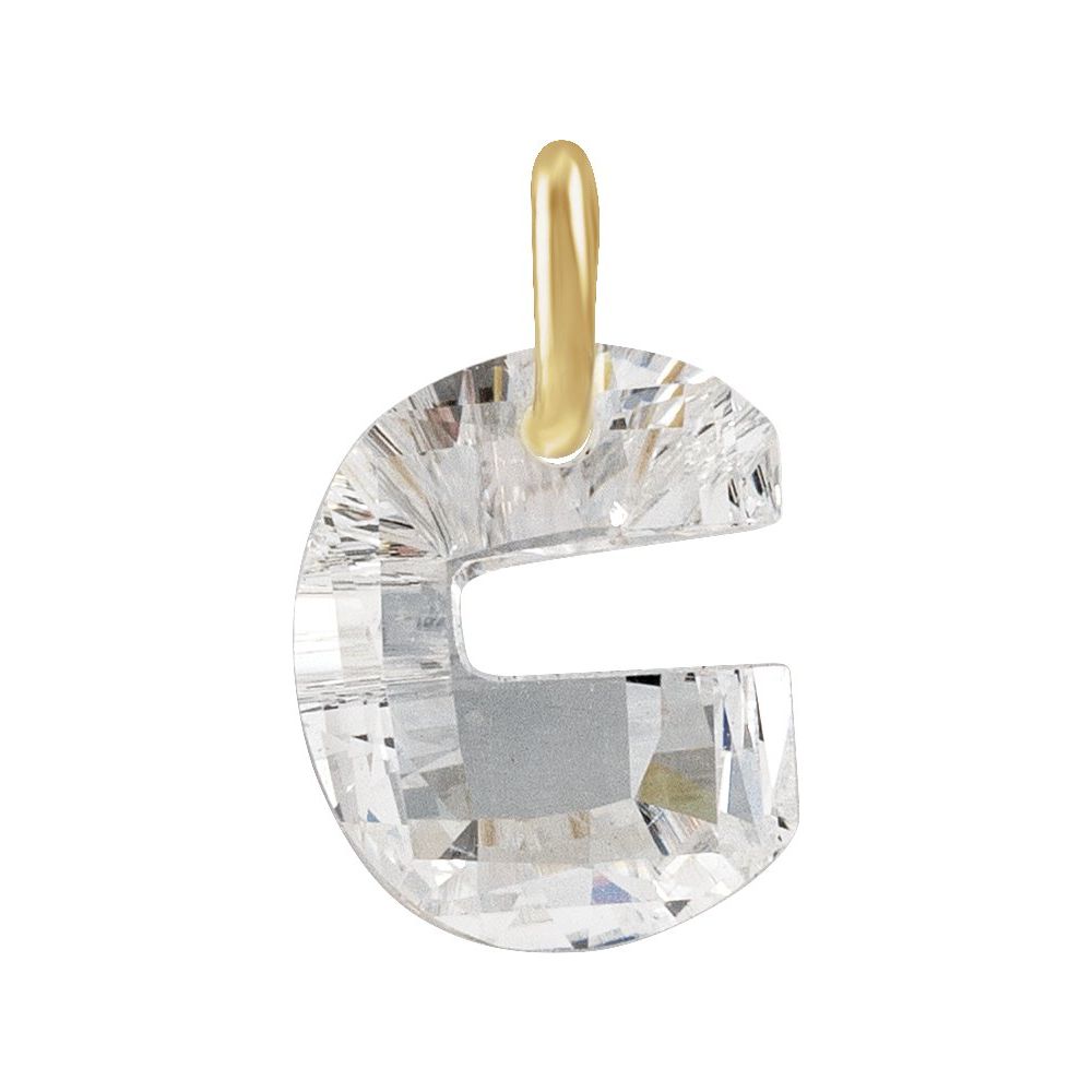 Clear crystal letter 'G' pendant with gold accent on a white background