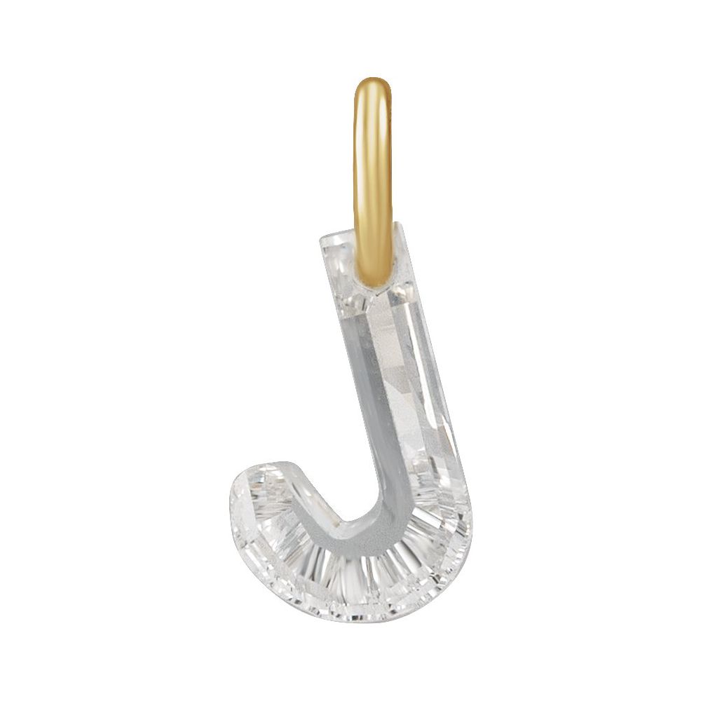 Diamond letter 'J' pendant with gold O-Ring on a white background