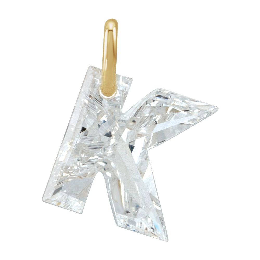 Diamond letter 'K' pendant with gold O-Ring on a white background