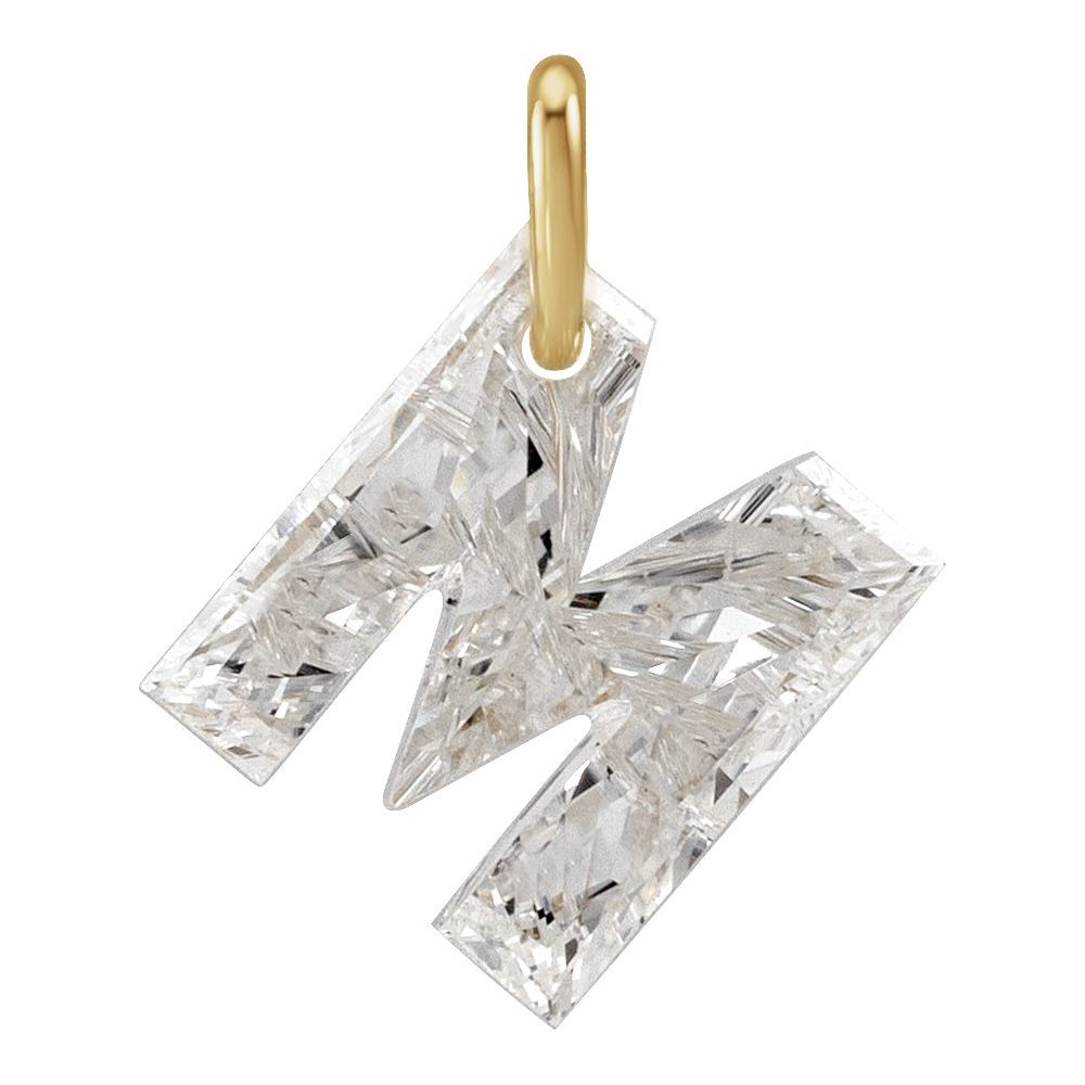 Diamond letter 'M' pendant with gold O-Ring on a white background
