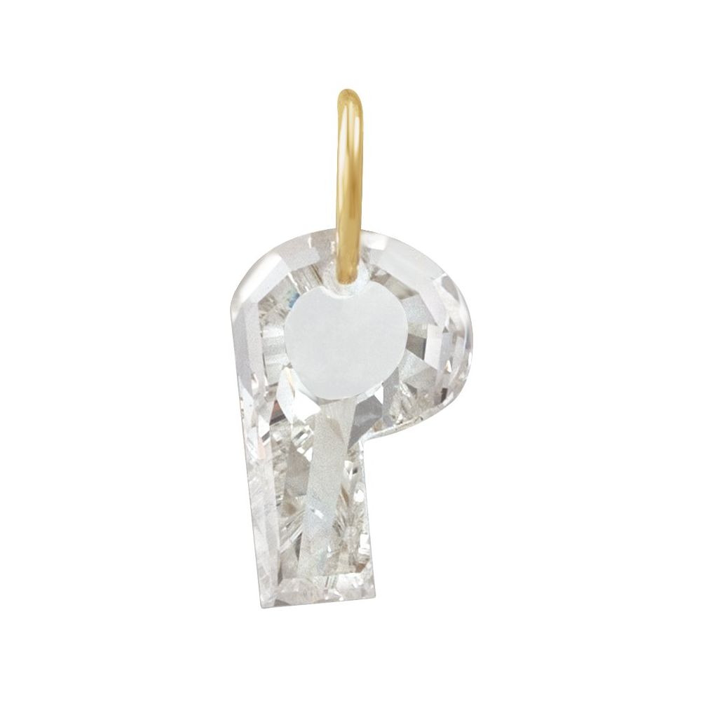 Diamond letter 'P' pendant with gold O-Ring on a white background