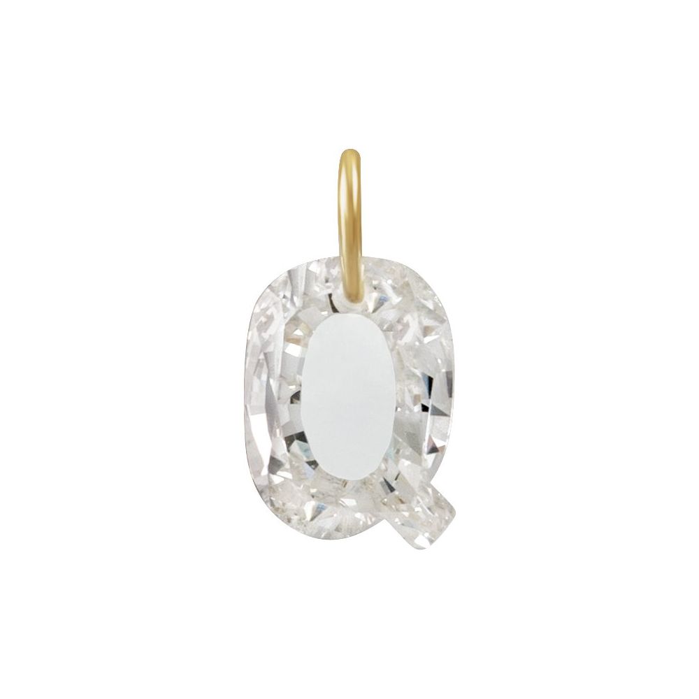 Diamond letter 'Q' pendant with gold O-Ring on a white background