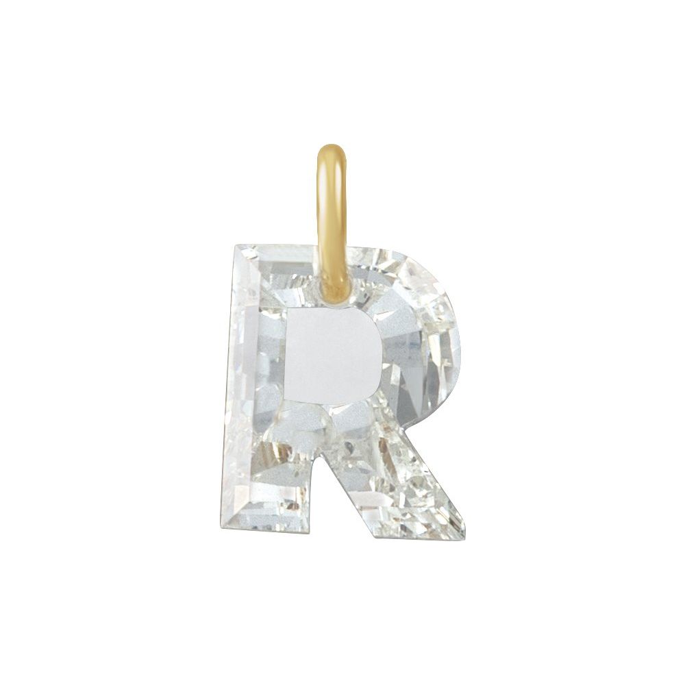 Diamond letter 'R' pendant with gold O-Ring on a white background