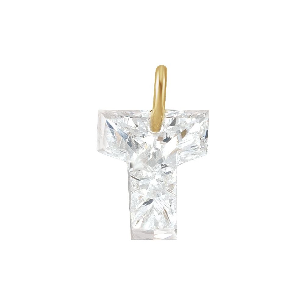 Diamond letter 'T' pendant with gold O-Ring on a white background
