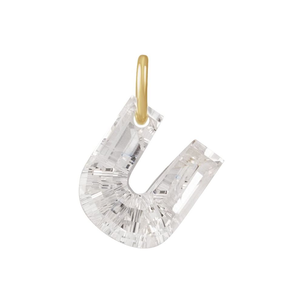 Diamond letter 'U' pendant with gold O-Ring on a white background