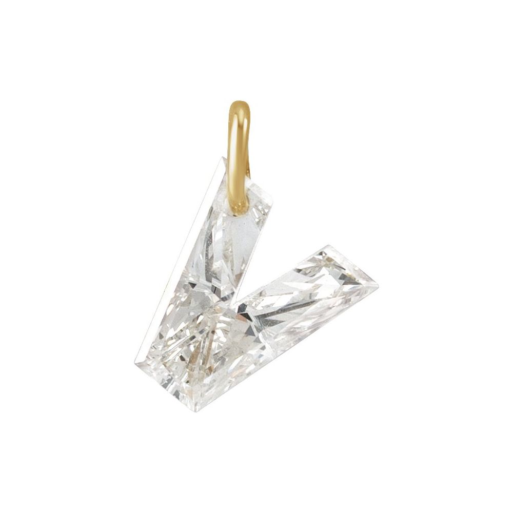 Diamond letter 'V' pendant with gold O-Ring on a white background