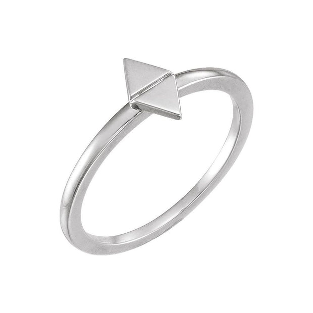 Silver ring with a triangle-shaped design on a white background