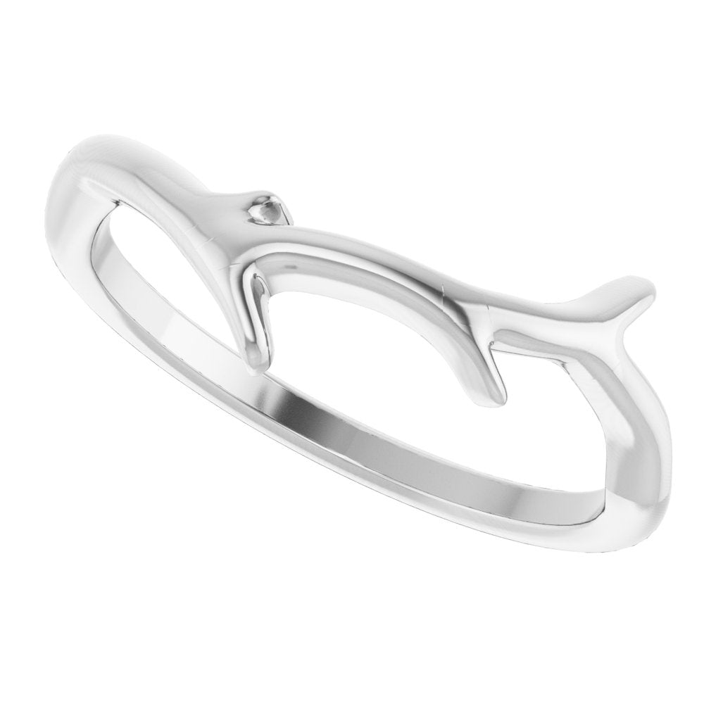 Silver ring with branch shaped design on a white background