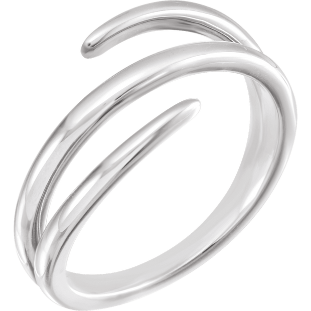Silver ring with a modern design on a white background