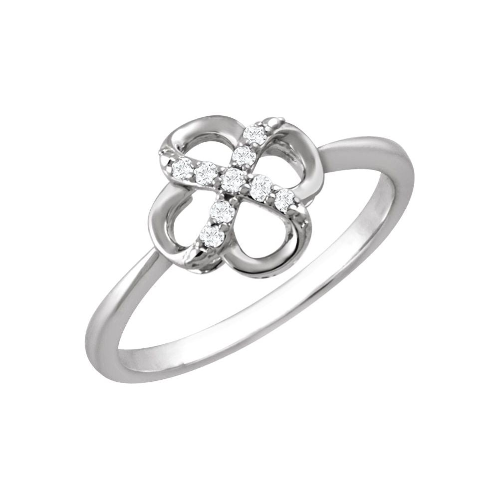 Silver four leaf clover ring with diamond accents