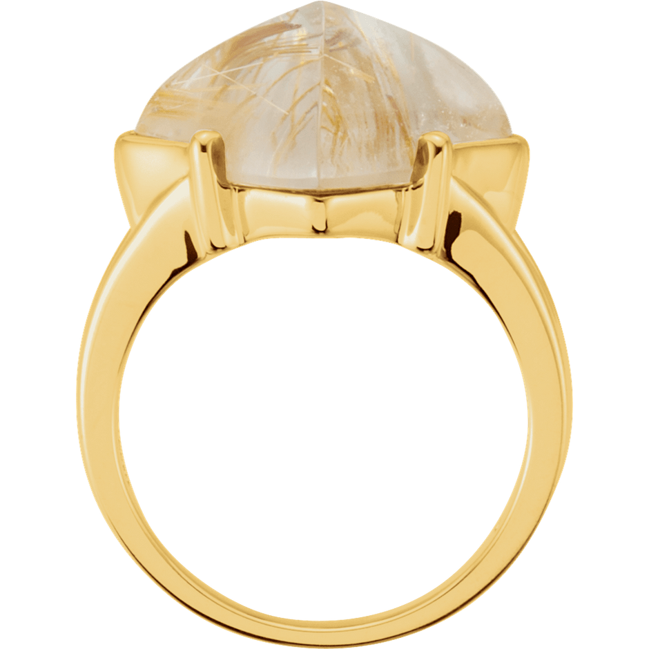 Gold ring with a large, faceted stone on a white background
