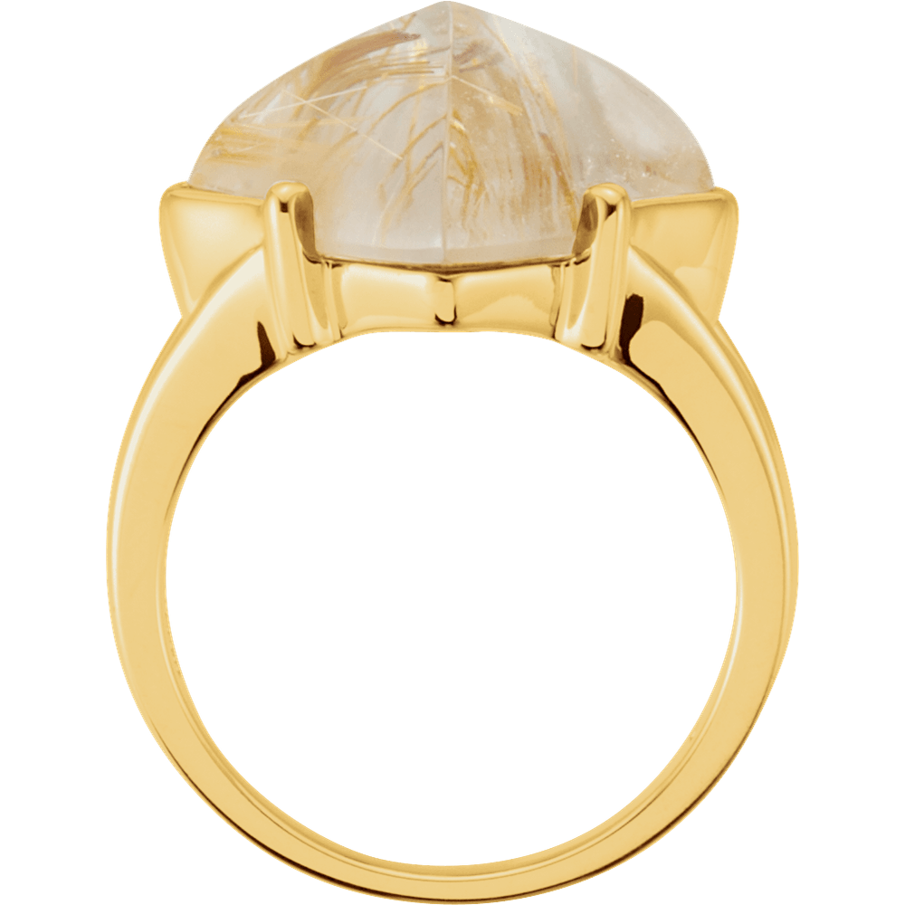 Gold ring with a large, faceted stone on a white background