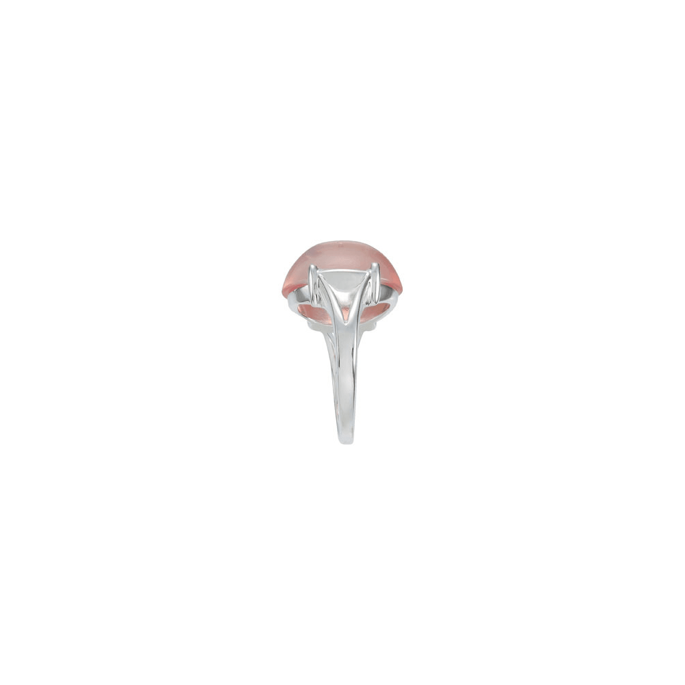 Silver ring with a pink gemstone on a white background