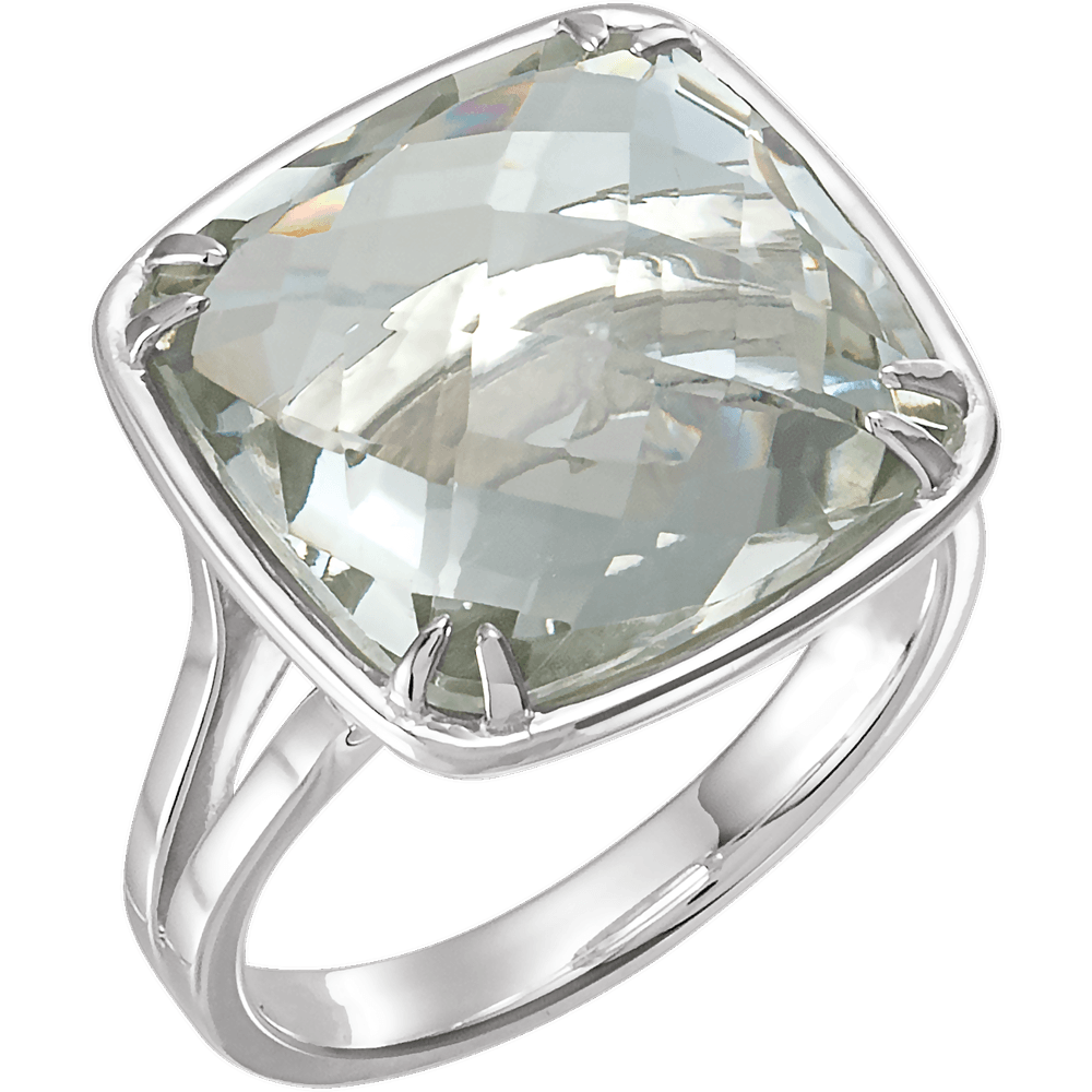 Silver ring with a large green gemstone on a white background