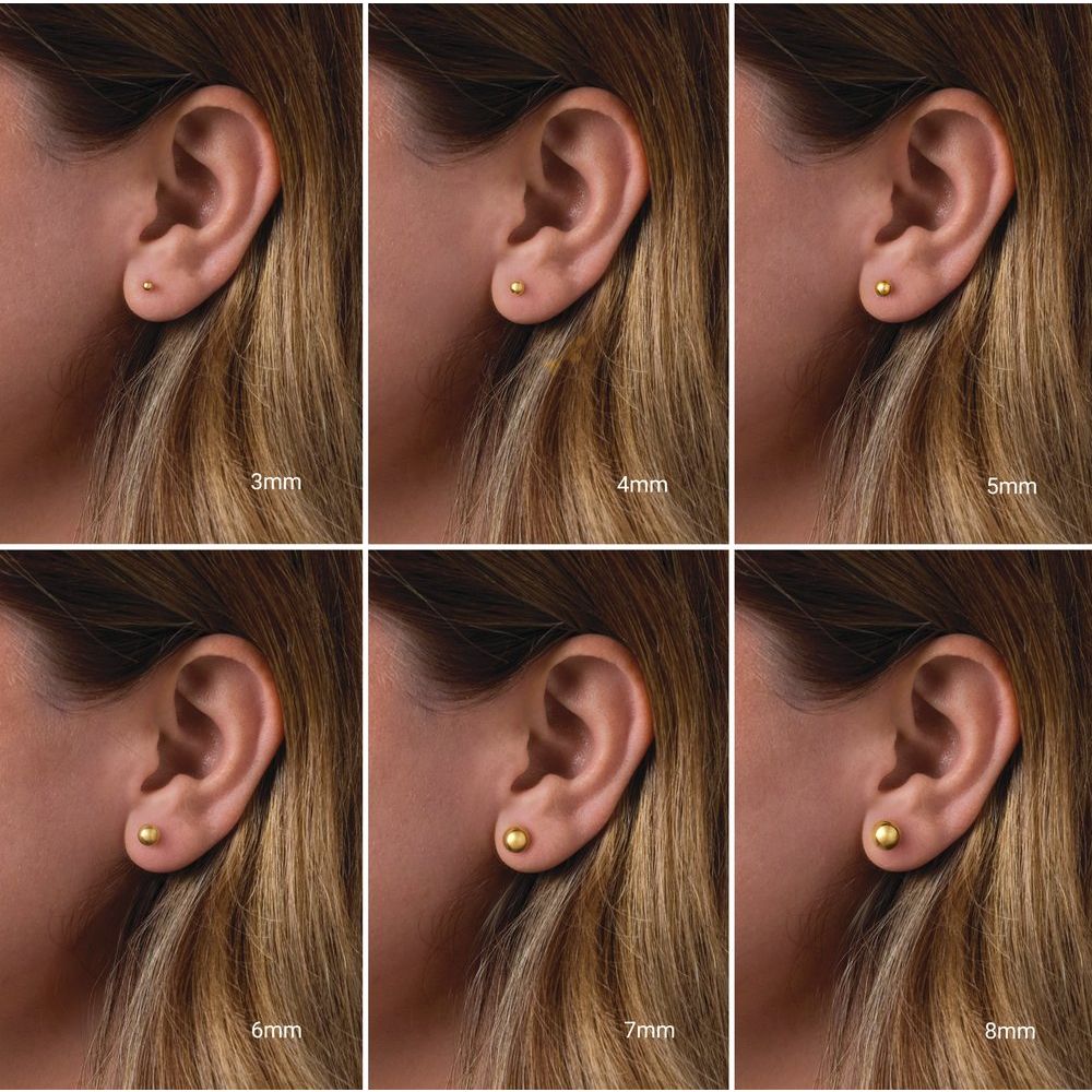 Earring sizes displayed on an ear with measurements from 3mm to 8mm.