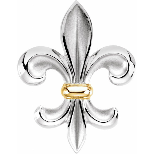 Silver and gold fleur-de-lis brooch on a white background