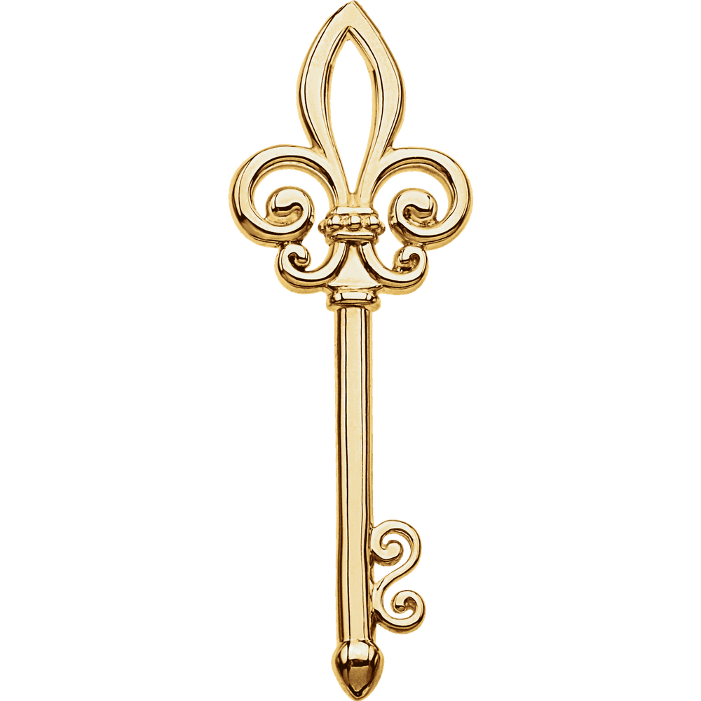 Gold fleur-de-lis key pendant on a white background