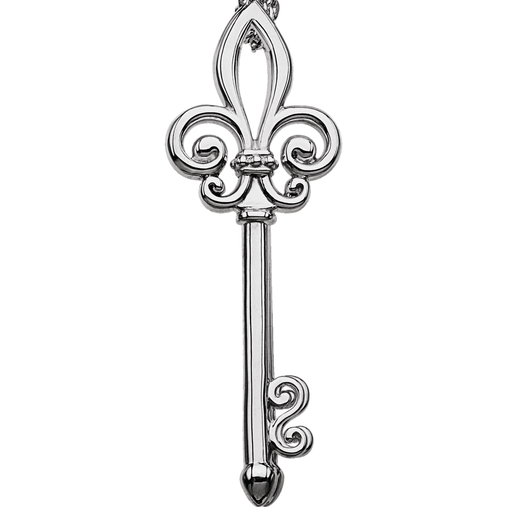 Silver key-shaped fleur-de-lis pendant on a white background
