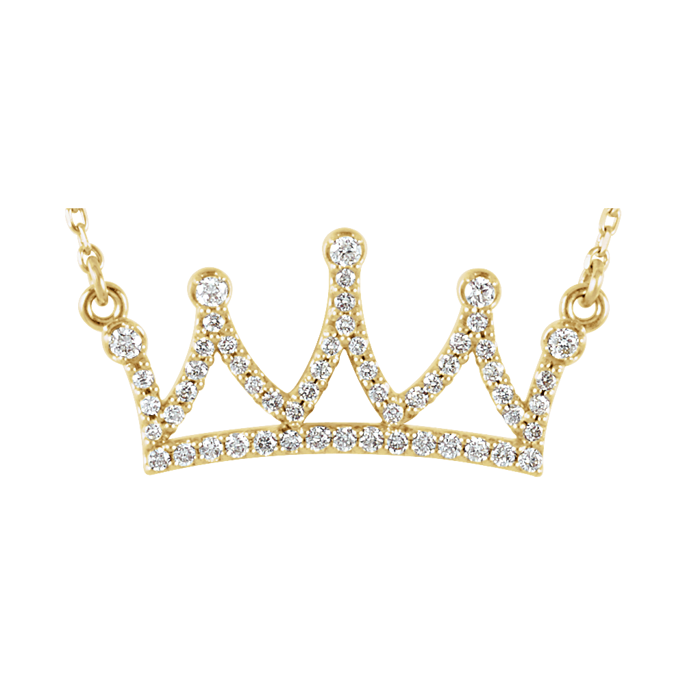 Gold necklace with a crown-shaped pendant on a white background