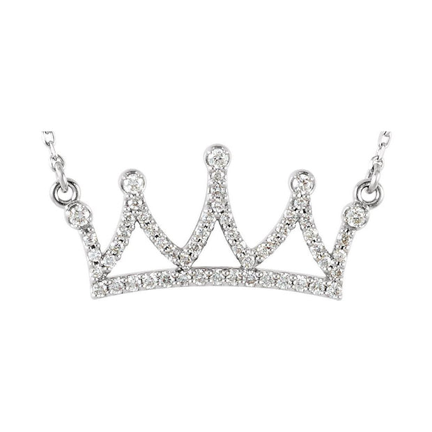14k white gold Crown-shaped necklace with diamonds on a white background