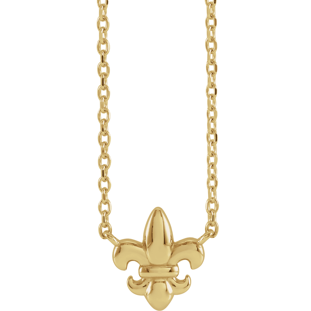 Gold fleur-de-lis necklace on a white background