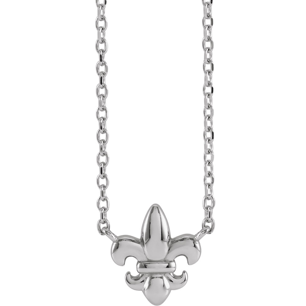 Silver fleur-de-lis necklace on a white background