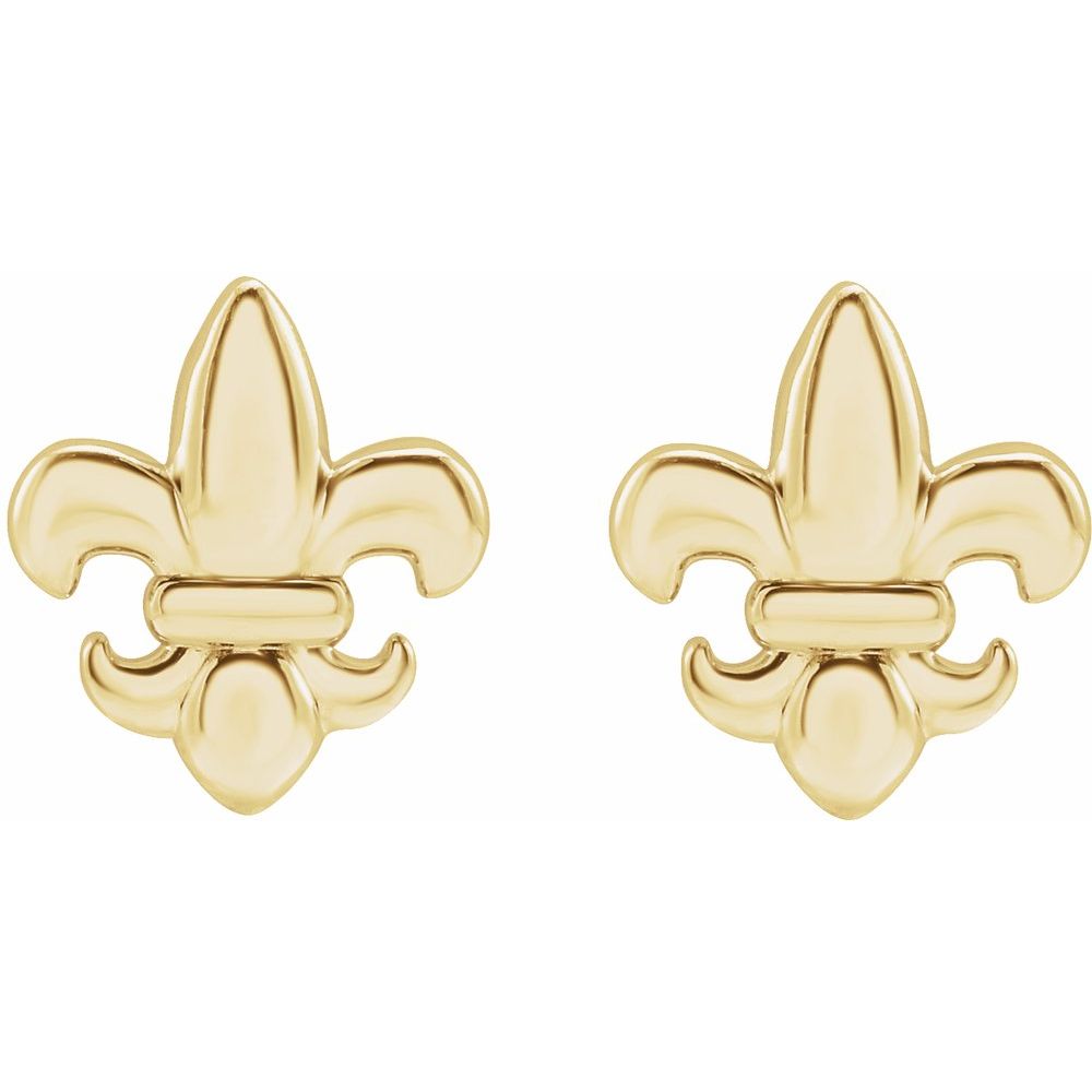 Gold fleur-de-lis earrings on a white background