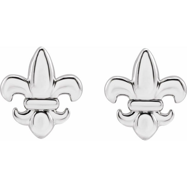Silver fleur-de-lis earrings on a white background