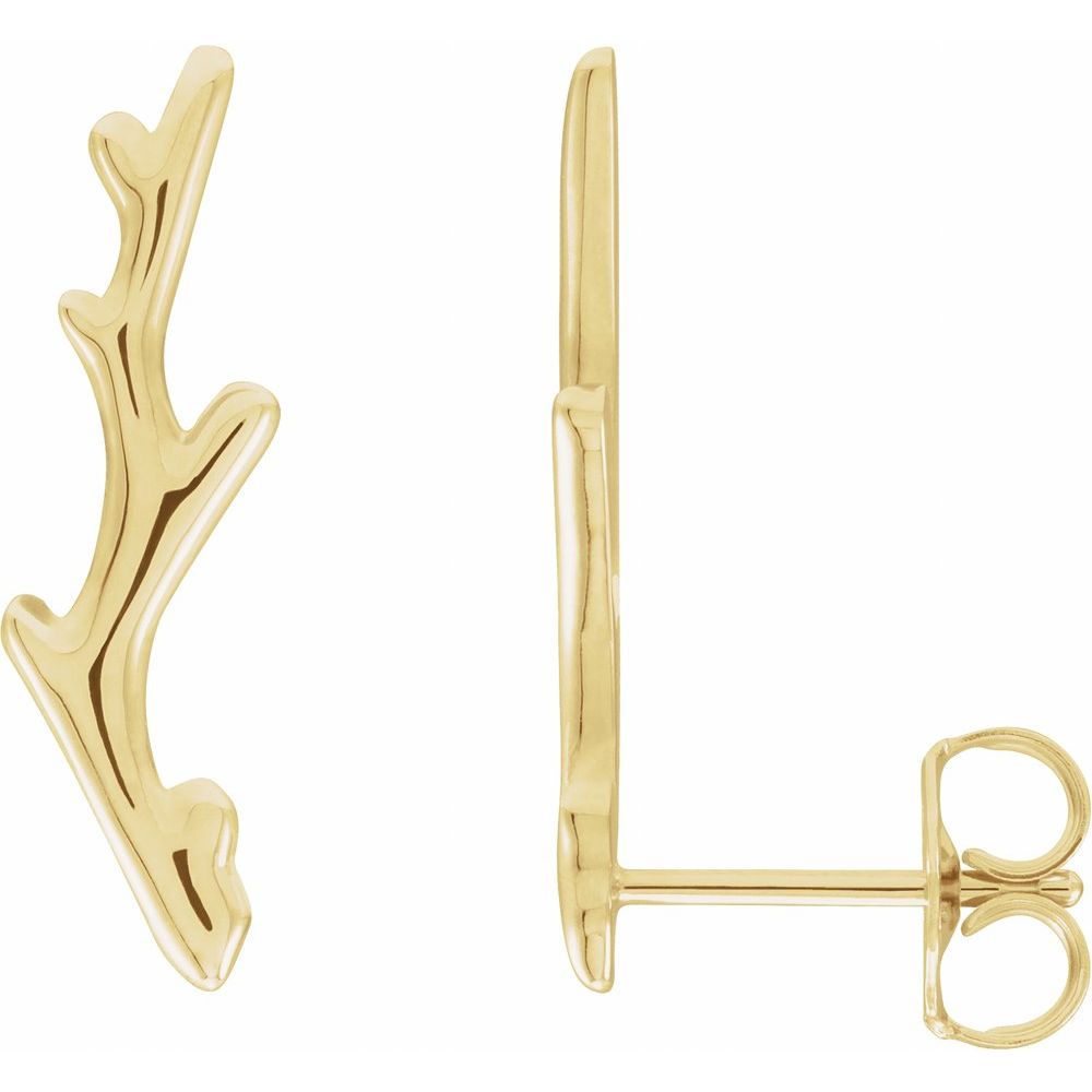 Gold branch-shaped earrings on a white background