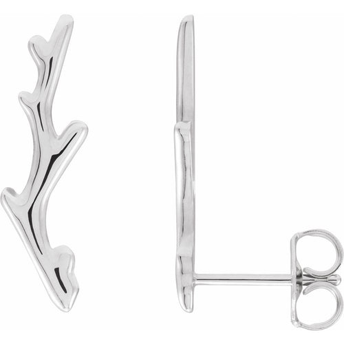 Silver branch shaped earrings on a white background