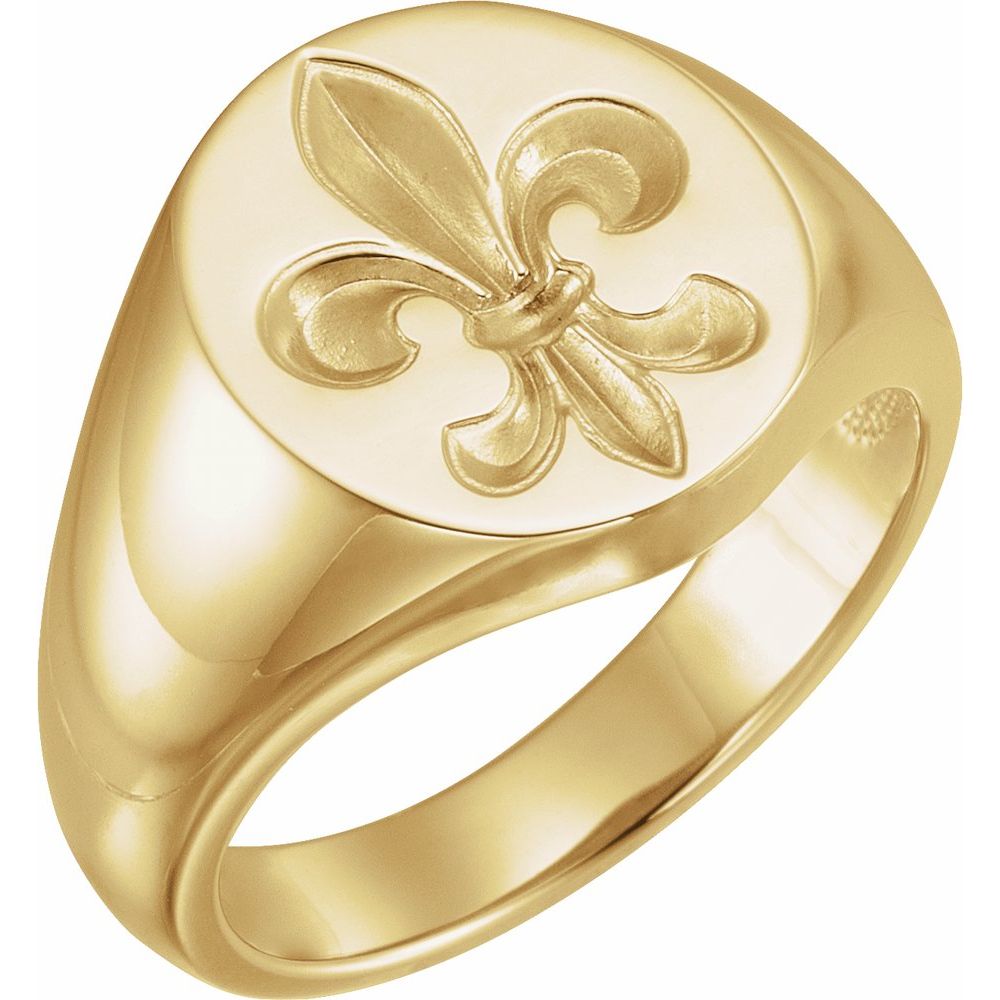Gold ring with a fleur-de-lis design on a white background
