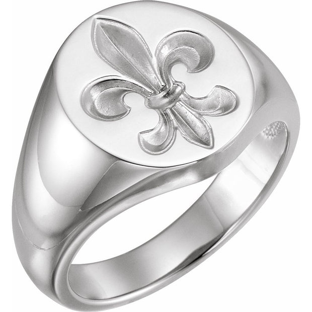 Silver ring with a fleur-de-lis design on a white background