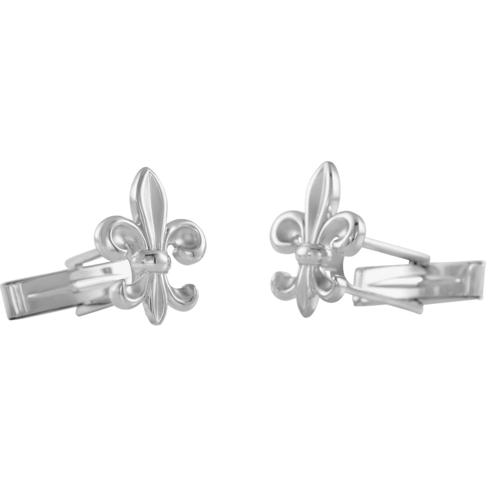 Silver fleur-de-lis cufflinks on a white background