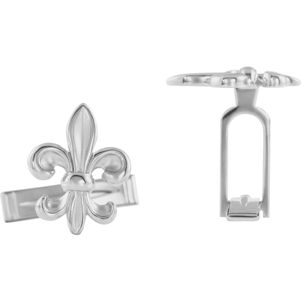 Silver fleur-de-lis cufflinks on a white background