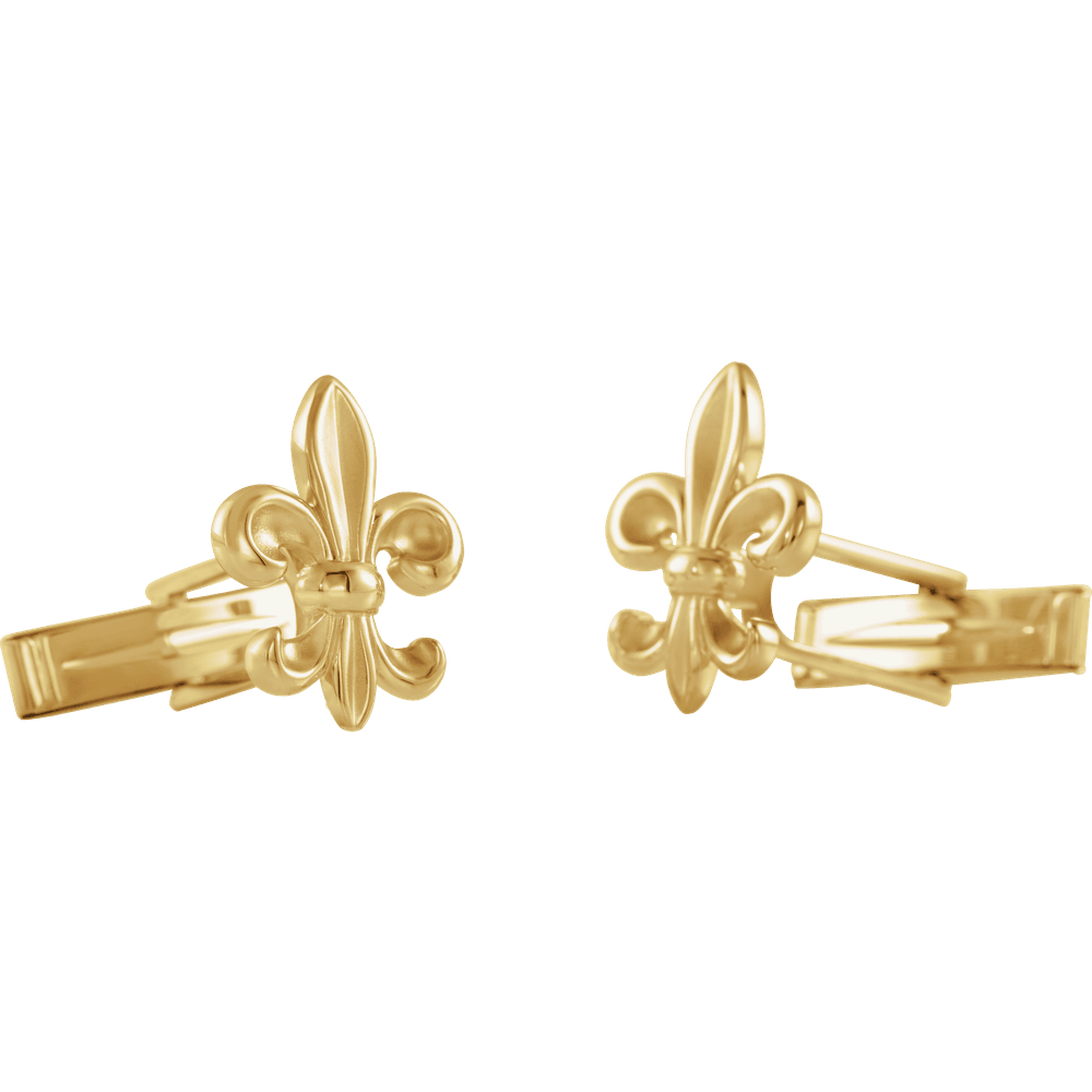 Gold fleur-de-lis cufflinks on a white background