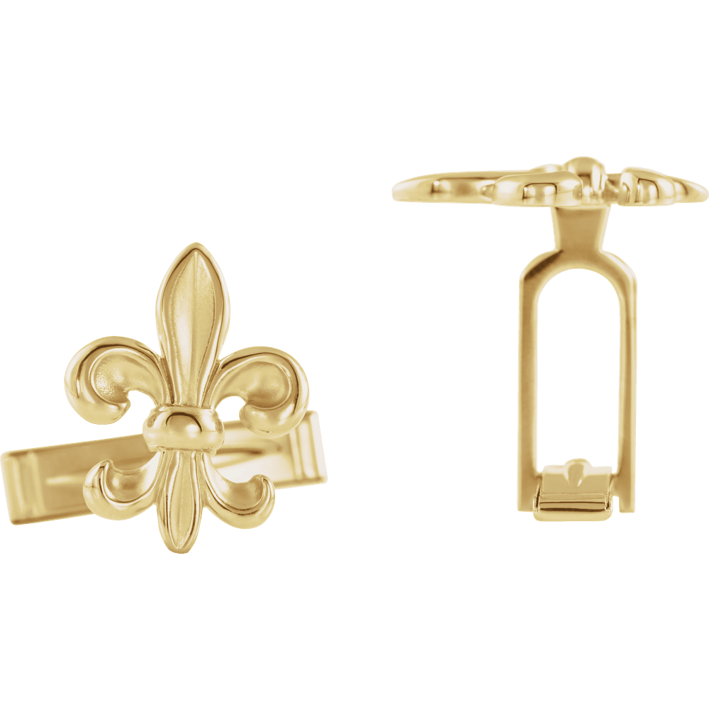 Gold fleur-de-lis cufflinks on a white background
