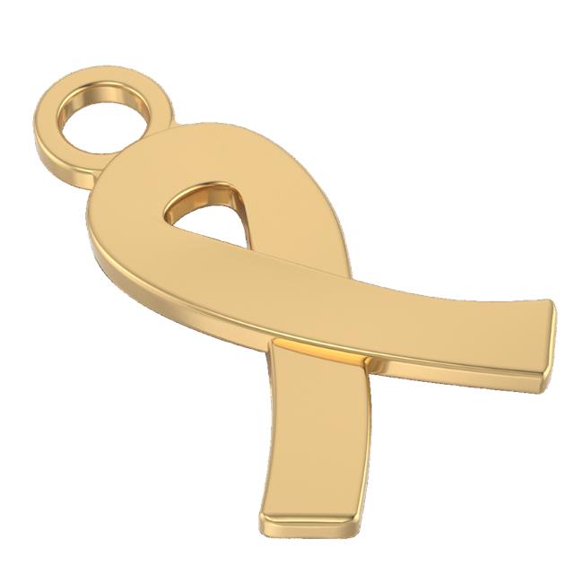 14k gold cancer awareness ribbon charm on a white background