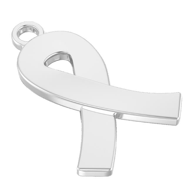 Silver cancer awareness ribbon charm on a white background