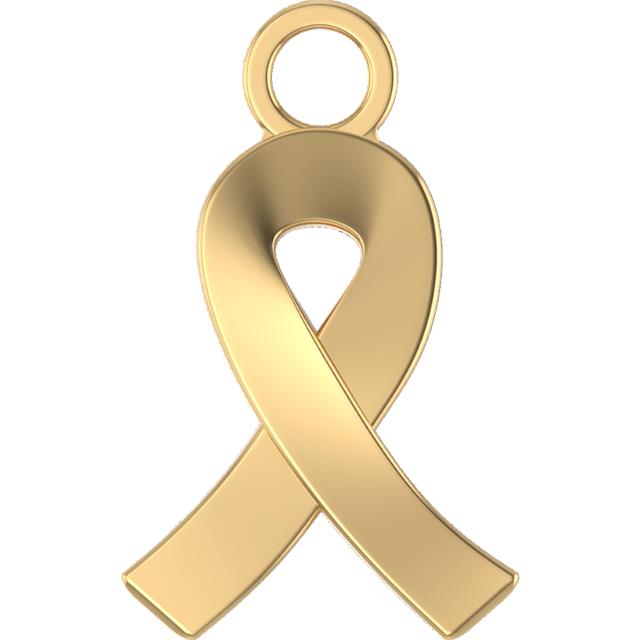 14k gold cancer awareness ribbon charm on a white background