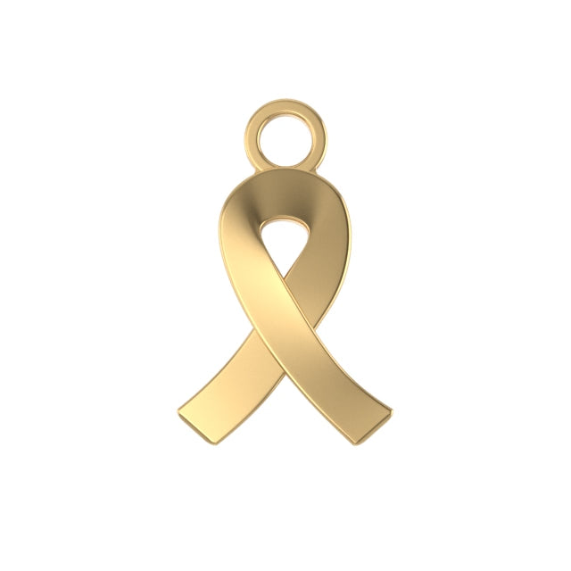 14k gold cancer awareness ribbon charm on a white background